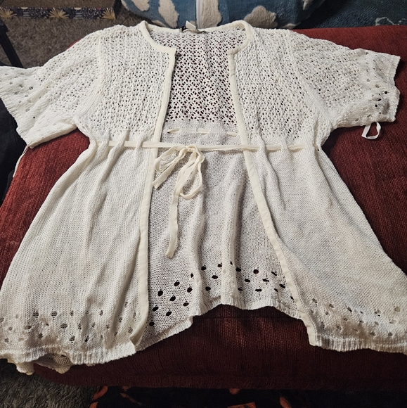 White House Black Market Women's Small Linen Blend Cream Crochet Knit Cardigan - Picture 1 of 3